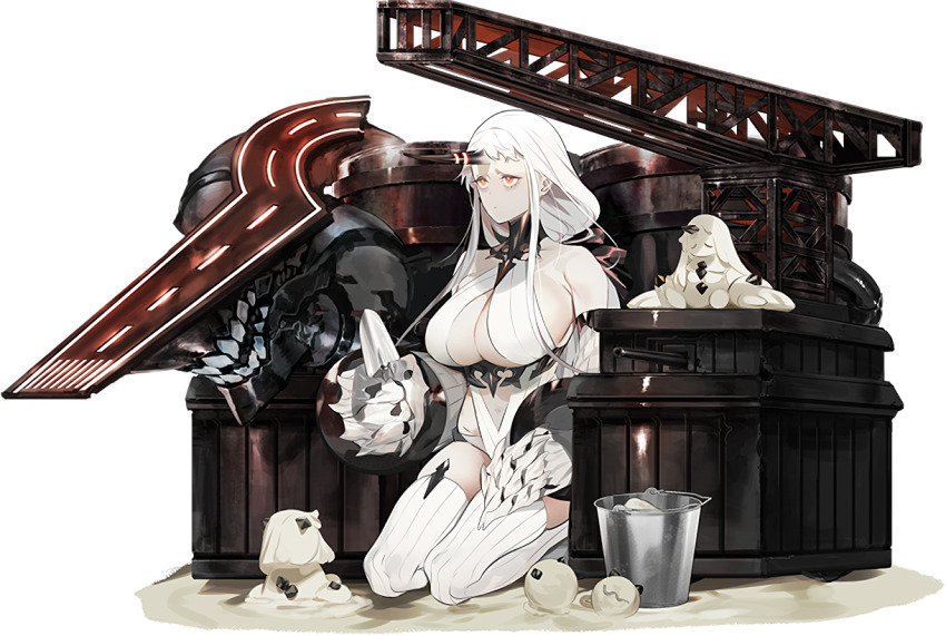 1girl abyssal_ship akira_(kadokawa) breasts bucket claws eye_beam holding holding_shovel horns kantai_collection large_breasts official_art orange_eyes pale_skin runway sand seaport_princess seaport_princess_holiday_mode ship_turret shovel single_horn solo summer teeth white_hair