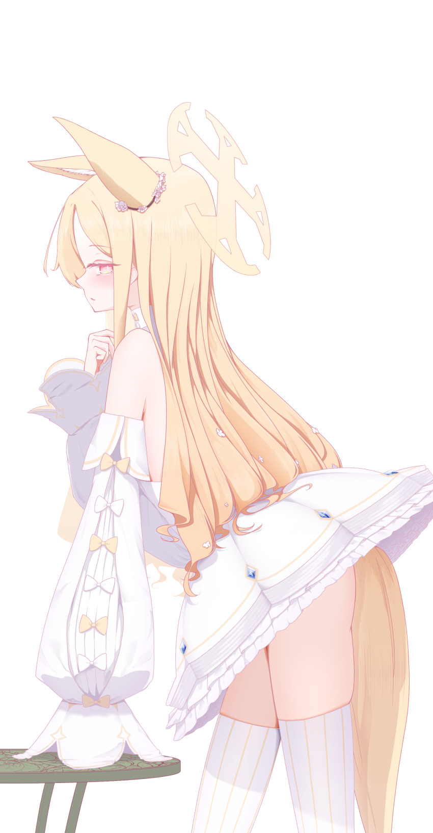 1girl absurdres animal_ear_fluff animal_ears bare_shoulders bent_over blonde_hair blue_archive blush closed_mouth commentary detached_sleeves dress flower fox_ears fox_girl fox_tail from_side hair_flower hair_ornament highres loli long_hair looking_at_viewer mobchara_p no_panties pink_eyes seia_(blue_archive) short_dress sidelocks single_sleeve_past_fingers solo striped_clothes striped_thighhighs tail thighhighs vertical-striped_clothes vertical-striped_thighhighs white_dress white_flower white_thighhighs