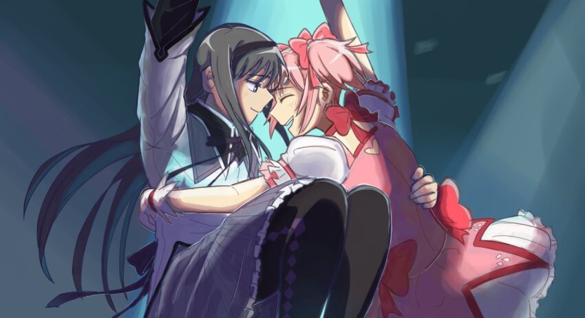 2girls akemi_homura akemi_homura_(magical_girl) black_hair black_hairband black_pantyhose blush bow closed_eyes closed_mouth clothing_cutout commentary dress english_commentary gloves grey_skirt hair_bow hairband hand_on_another&#039;s_waist heart_cutout highres kaname_madoka kaname_madoka_(magical_girl) long_hair looking_at_another mahou_shoujo_madoka_magica mahou_shoujo_madoka_magica_(anime) multiple_girls pantyhose parted_lips pink_bow pink_dress pink_hair rawonireng short_sleeves short_twintails skirt smile twintails white_dress white_gloves yuri