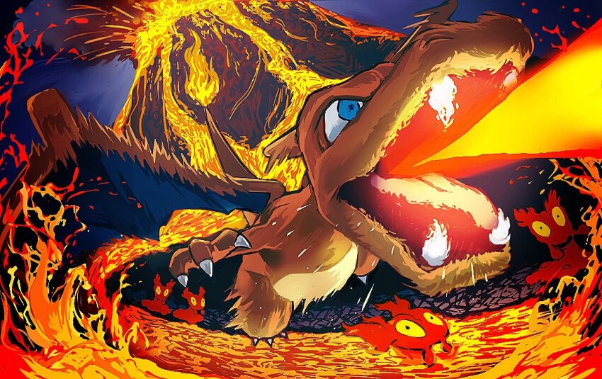 blue_eyes breath_weapon breathing_fire charizard claws commentary_request eruption fangs fire flying gen_1_pokemon gen_2_pokemon lava mayotsunamayo nintendo no_humans outdoors pokemon pokemon_(creature) slugma volcano