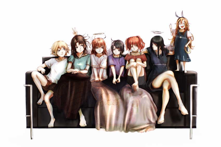 6+girls absurdres angel angel_wings animal_ears barefoot bunny_ears_prank character_request chigasaki_mayuko choker creator_connection crossover detached_halo empty_plate fake_animal_ears gorilla(1844~) haibane_renmei halo highres iwakura_lain messy_hair multiple_girls niea_(niea_7) niea_7 plate pointy_ears rakka_(haibane) ran_(texhnolyze) reki_(haibane) ryushika ryushika_ryushika serial_experiments_lain shorts static_electricity texhnolyze twintails wings
