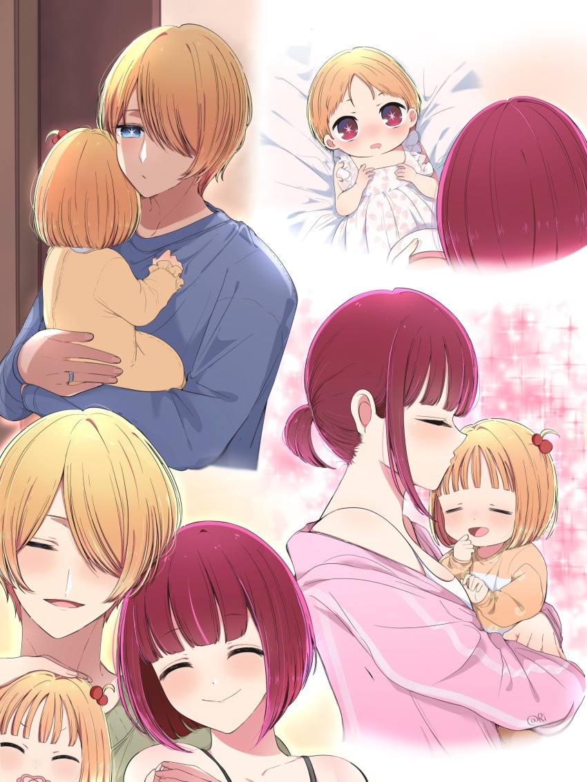 1boy 2girls :d absurdres arima_kana baby blonde_hair blue_eyes blush child family highres hoshino_aquamarine if_they_mated jewelry long_sleeves multiple_girls open_mouth oshi_no_ko pillow ponytail red_eyes red_hair ring risdelusions short_hair smile