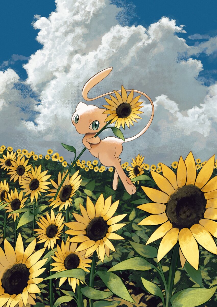 blue_eyes cloud cloudy_sky field flower gen_1_pokemon highres kuchiba_(jret2454) leaf legendary_pokemon mew_(pokemon) mythical_pokemon nintendo no_humans outdoors painterly pawpads pokemon pokemon_(creature) sky solo sunflower tail