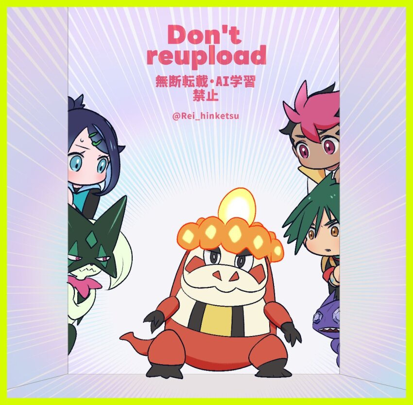 1girl 2boys blue_eyes blush border brown_eyes chibi commentary_request crocalor emphasis_lines gen_3_pokemon gen_9_pokemon green_hair hair_ornament hairclip liko_(pokemon) looking_down meowscarada multiple_boys nintendo no_mouth peeking_out pokemon pokemon_(anime) pokemon_(creature) pokemon_horizons rei_hinketsu roy_(pokemon) sableye short_hair swept_bangs twitter_username ult_(pokemon) watermark