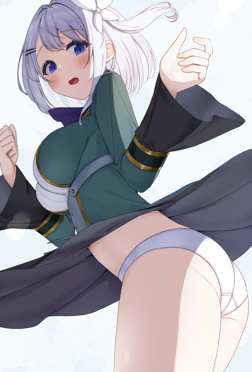 1girl absurdres asigaru3000 ass blue_eyes clothes_lift from_below from_side green_jacket grey_hair hair_intakes hair_ribbon highres hikikomari_kyuuketsuki_no_monmon jacket looking_down open_mouth panties ribbon sakuna_memoire short_hair simple_background skirt skirt_lift solo underwear white_background white_panties wide_sleeves