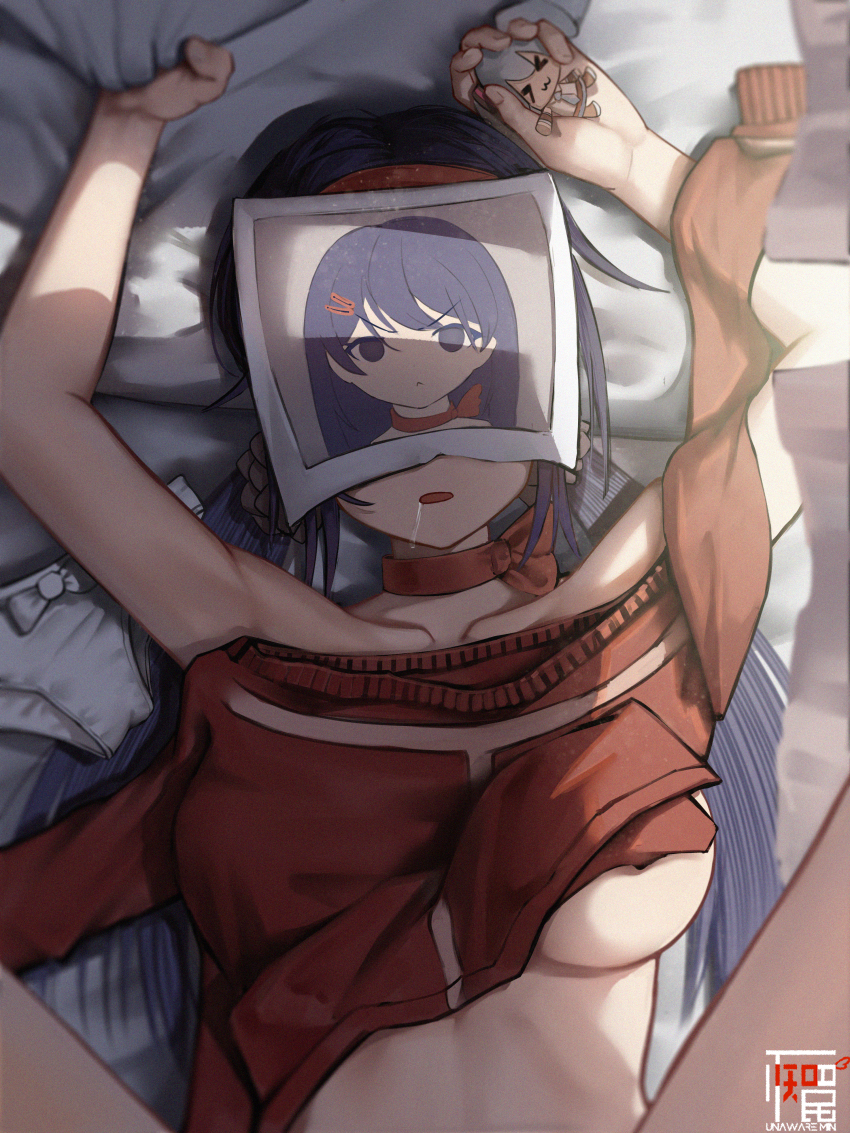 &gt;_&lt; 1girl absurdres artist_logo bed_sheet blue_hair breasts character_doll commentary_request crazy_mita_(miside) doll drooling hatsune_miku highres holding holding_doll kind_mita_(miside) logo long_hair low_twintails lying medium_breasts miside mita_(miside) on_back on_bed open_mouth panties photo_(object) red_shirt shirt solo twintails unaware_min underboob underwear unworn_panties unworn_shirt white_panties