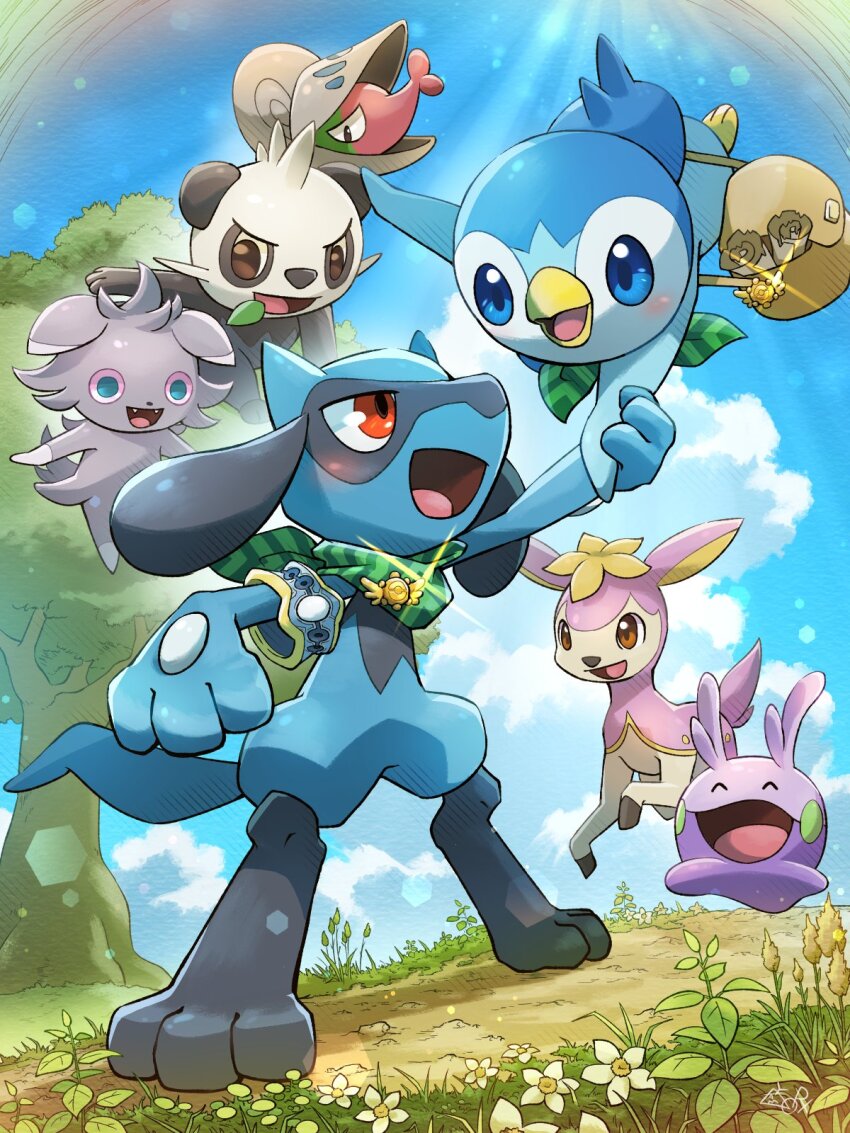 blue_sky blush closed_eyes day deerling deerling_(spring) espurr flower flower_on_head gen_4_pokemon gen_5_pokemon gen_6_pokemon goomy highres nintendo no_humans open_mouth outdoors pancham piplup pokemon pokemon_(creature) pokemon_mystery_dungeon riolu shelmet sky tree white_flower yamaori_(hakkentai_pokedan) yellow_flower
