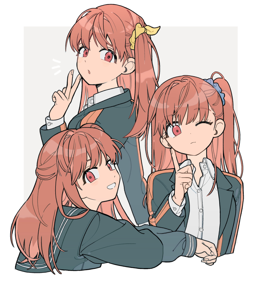 1girl :o absurdres black_jacket black_serafuku border_operator_uniform_(world_trigger) brown_hair closed_mouth collared_shirt dress_shirt flat_chest frown grey_background hand_up head_tilt highres index_finger_raised jacket kotatsu long_hair looking_at_viewer looking_back multiple_views nana_0253 nire_hikari one_eye_closed one_side_up open_mouth outstretched_arm red_eyes school_uniform serafuku shirt smile table under_kotatsu under_table v white_shirt world_trigger