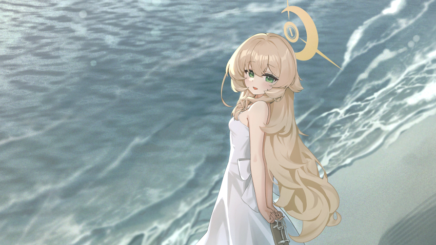 absurdres arms_behind_back bare_shoulders barefoot beach blonde_hair blue_archive ciza_gomi dress green_eyes halo highres holding holding_shoes holding_unworn_clothes long_hair professor_niyaniya_(blue_archive) sand shoes sundress unworn_shoes water white_dress