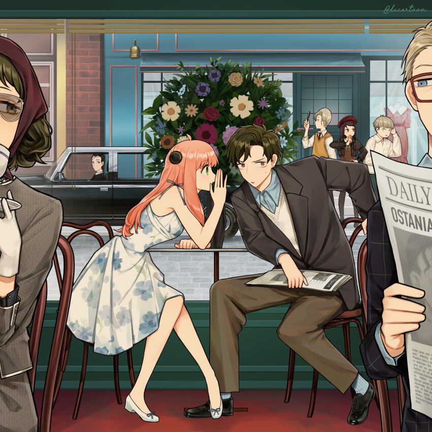 3girls 5boys absurdres aged_up anya_(spy_x_family) bare_shoulders becky_blackbell blue_eyes blue_shirt bouquet chair character_request collared_shirt damian_desmond dating dress ducartoon flower glasses gloves green_eyes green_hair hetero highres holding holding_newspaper indoors jeeves_(spy_x_family) melinda_desmond multiple_boys multiple_girls newspaper restaurant shirt short_hair sitting sleeveless sleeveless_dress spy_x_family sunglasses sweater_vest table twilight_(spy_x_family) white_dress white_gloves white_sweater_vest