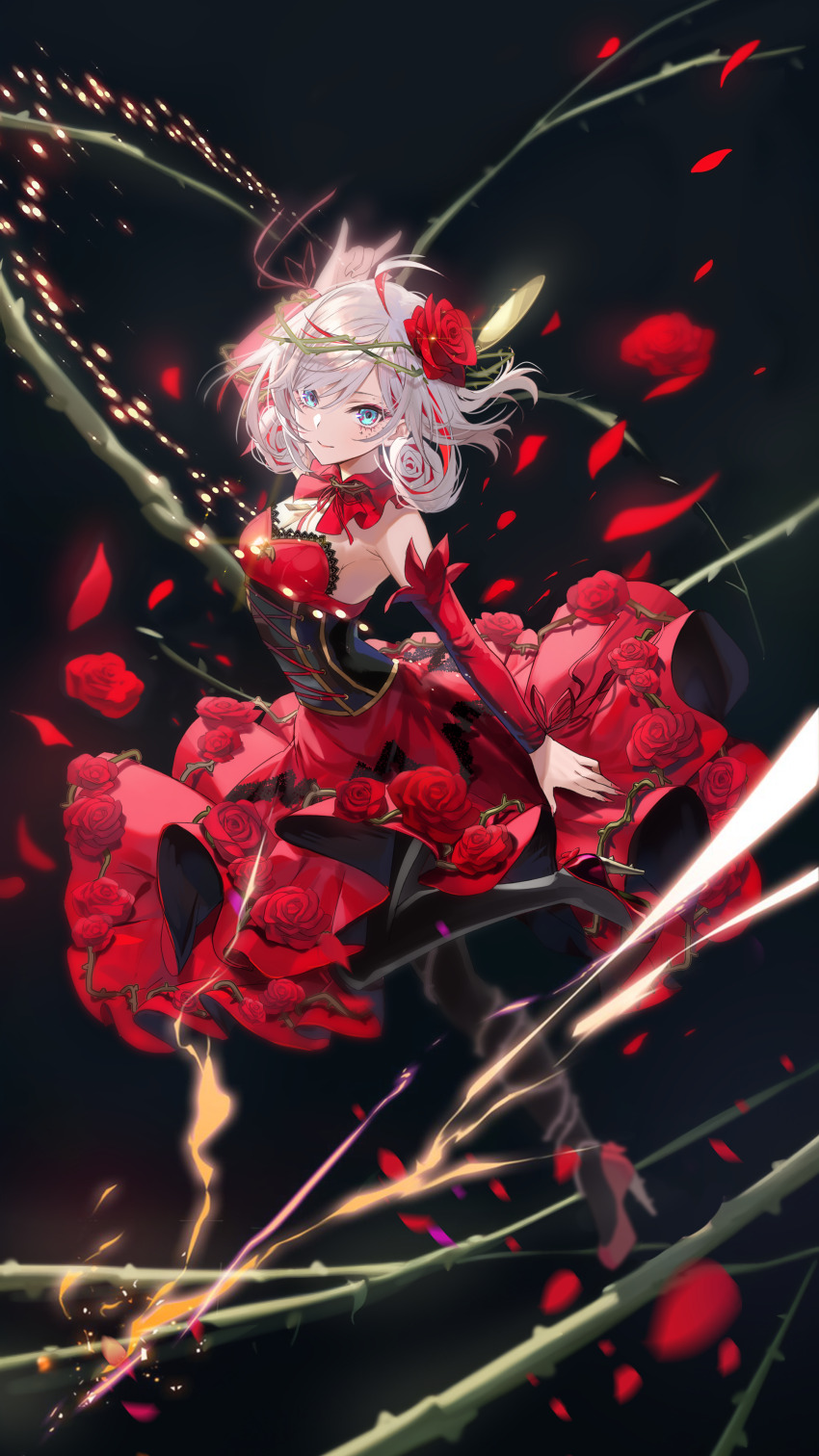 1girl absurdres ahoge arm_up bare_shoulders black_pantyhose blue_eyes breasts cleavage closed_mouth commentary_request copyright_request destiny_(takt_op.) detached_sleeves dress flower goyain grey_hair hair_between_eyes hair_flower hair_ornament high_heels highres long_sleeves looking_at_viewer pantyhose petals red_dress red_flower red_rose red_shoes red_sleeves rose rose_petals shoes small_breasts smile solo strapless strapless_dress takt_op.