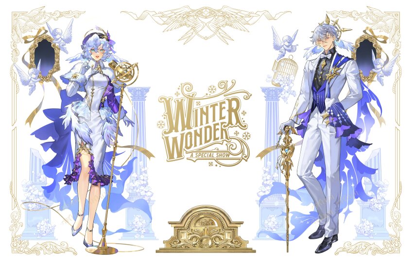 1boy 1girl :d absurdres alternate_costume alternate_hair_length alternate_hairstyle ankle_strap arm_at_side arm_behind_back back_bow beret birdcage black_shirt black_shoes blue_bow blue_coat blue_hair blue_vest border bow bowtie brooch brother_and_sister buttoned_cuffs buttons cage cane capelet cherub closed_mouth coat collar_chain_(jewelry) collared_capelet column commentary dress dress_shoes earrings english_commentary english_text eye_symbol feathered_wings flower formal_clothes frilled_dress frills full_body fur-trimmed_sleeves fur_capelet fur_trim gloves gold_earrings green_eyes grey_hair grey_shoes hair_behind_ear hair_between_eyes halo halo_behind_head hand_up hat hat_ornament head_wings highres hobble_dress holding holding_cane honkai:_star_rail honkai_(series) huge_bow jewel_under_eye jewelry lips long_dress long_sleeves looking_at_viewer low_wings medium_dress microphone microphone_stand mirror multicolored_coat muoi open_clothes open_coat open_mouth orange_lips ornate_border pants peaked_cap pillar purple_coat purple_dress purple_hat purple_sleeves ribbon robin_(honkai:_star_rail) see-through_dress_layer shirt shoes short_hair siblings smile spiked_halo standing suit sunday_(honkai:_star_rail) tassel thorn_print traditional_bowtie tuxedo_shirt two-tone_dress vest vintage_microphone wavy_hair white_bow white_bowtie white_capelet white_coat white_dress white_flower white_gloves white_pants white_suit white_wings wings yellow_border yellow_eyes yellow_ribbon