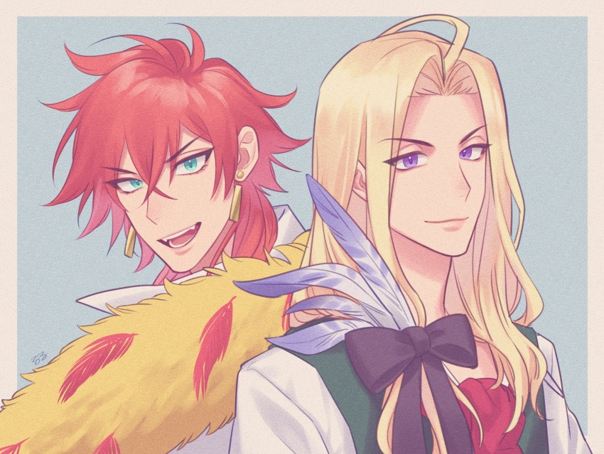 2boys ascot back-to-back black_bow blonde_hair blue_eyes border bow closed_mouth dame_x_prince earrings fangs feather_boa green_vest highres jewelry joxxy_a3 long_hair looking_at_viewer looking_back male_focus multiple_boys narek_ischl_de_milidonia open_mouth purple_eyes red_ascot red_hair shirt vest vino_von_lomzard white_border white_shirt