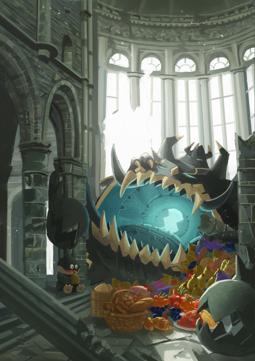 absurdres basket berry_(pokemon) bluk_berry bread cheri_berry commentary croissant food gen_4_pokemon gen_7_pokemon green_eyes guzzlord highres iapapa_berry indoors king_joe_(neoroto) munchlax nanab_berry nintendo no_humans open_mouth pillar pinap_berry pokemon pokemon_(creature) razz_berry sitting stairs tamato_berry ultra_beast watmel_berry