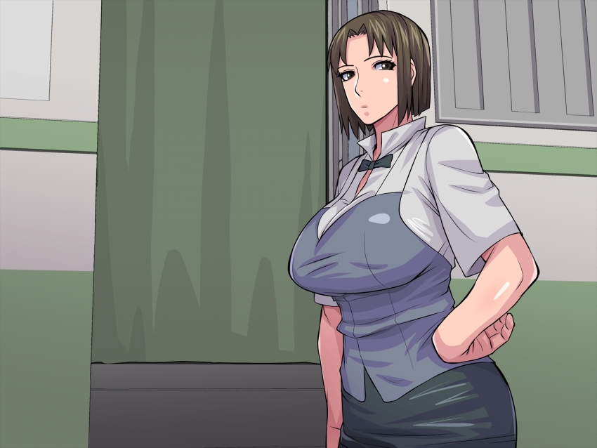 1girl black_eyes black_hair bow bowtie breasts closed_mouth collared_shirt cowboy_shot curtains expressionless female_focus haipaman hand_on_own_hip hand_up highres hyperman_ys indoors large_breasts looking_at_viewer shirafuji_kyouko shirt short_hair short_sleeves skirt solo standing waitress working!!