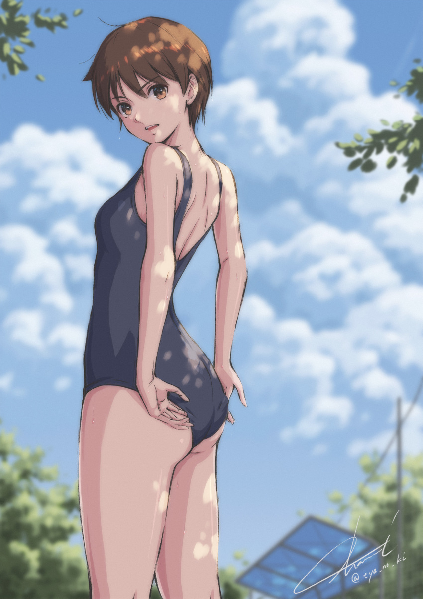 1girl absurdres adjusting_clothes adjusting_swimsuit artist_name back_cutout black_one-piece_swimsuit brown_eyes brown_hair clothing_cutout cloud cloudy_sky cumulonimbus_cloud from_behind highres kasugano_sakura one-piece_swimsuit outdoors parted_lips short_hair signature sky solo standing street_fighter swimsuit teeth tree tyanoki upper_teeth_only