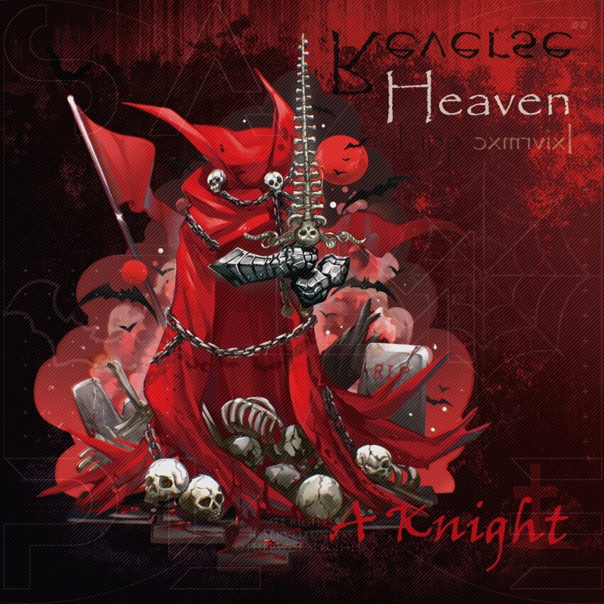 1boy a_knight_(reverse:1999) alternate_costume armor artist_request bat_(animal) cape chain character_name commission english_text flag gauntlets highres holding holding_sword holding_weapon invisible ornate_armor red_background red_cape reverse:1999 second-party_source skull skull_ornament solo sword tombstone weapon