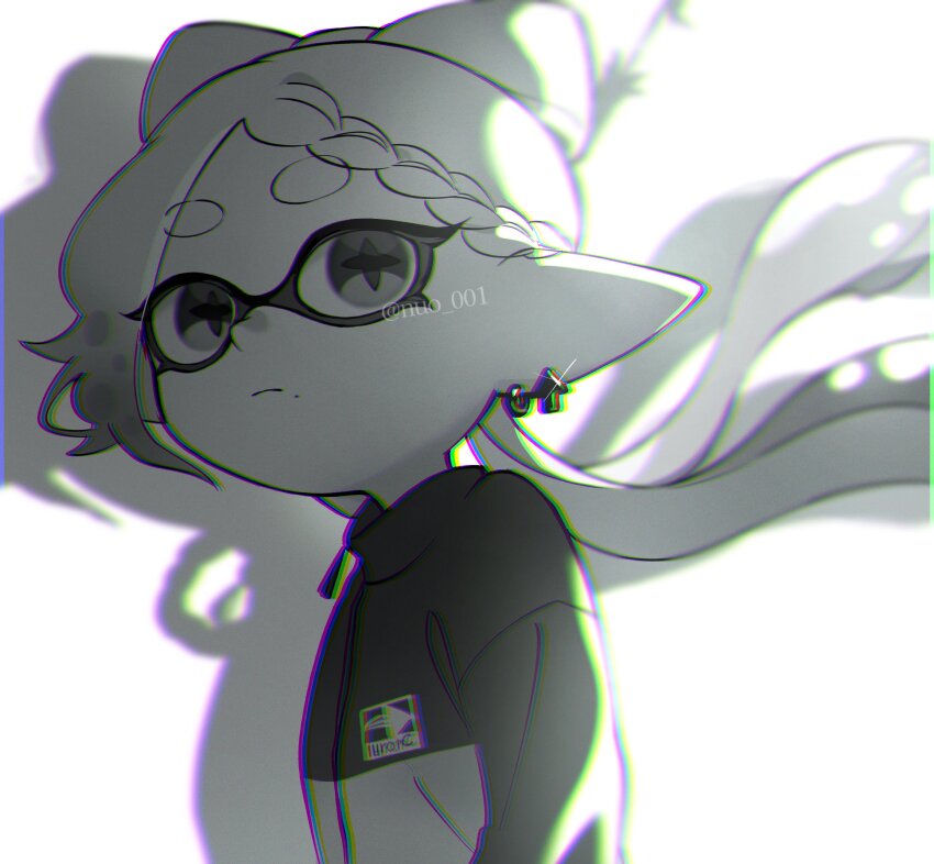 1girl bow-shaped_hair braid braided_bangs chromatic_aberration closed_mouth commentary_request cross-shaped_pupils earrings expressionless floating_hair greyscale highres inkling inkling_girl inkling_player_character jacket jewelry long_hair long_sleeves mole mole_under_mouth monochrome nintendo nuo_001 parted_bangs pointy_ears solo splatoon_(series) symbol-shaped_pupils tentacle_hair thick_eyebrows upper_body