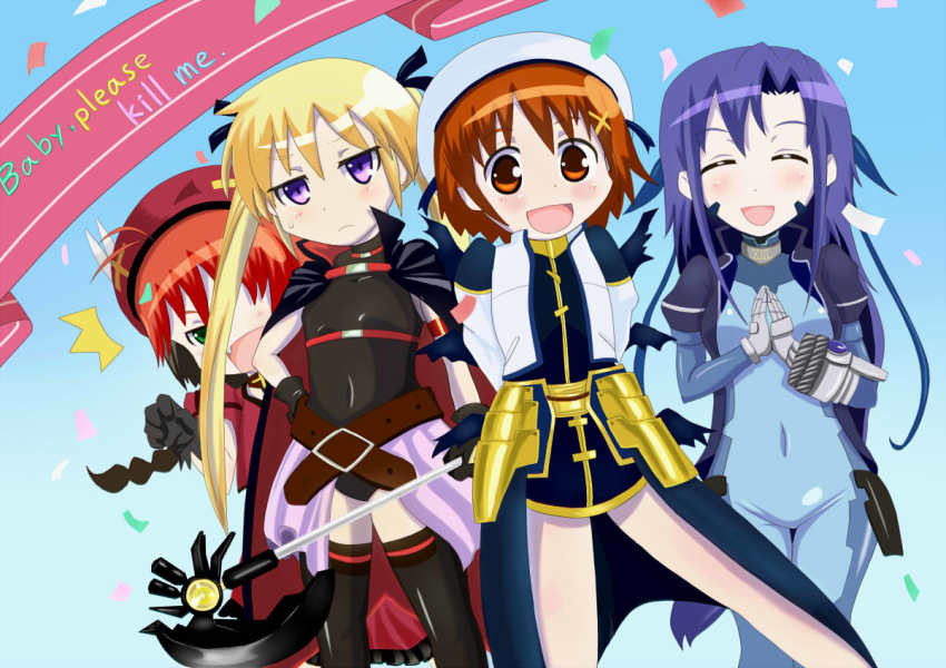 4girls awasarin bardiche_(axe_form)_(nanoha) bardiche_(cosplay) bardiche_(nanoha) black_thighhighs braid closed_eyes cosplay english_text fate_testarossa fate_testarossa_(cosplay) fate_testarossa_(movie_1st_form) frown goshiki_agiri hat kill_me_baby long_hair lyrical_nanoha mahou_shoujo_lyrical_nanoha miniskirt multiple_girls oribe_yasuna purple_hair skirt sonya_(kill_me_baby) takamachi_nanoha takamachi_nanoha_(cosplay) thighhighs unused_character_(kill_me_baby) vita_(cosplay) vita_(nanoha) waist_cape white_hat