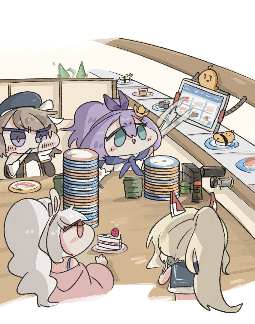 +_+ 5girls :d absurdres afterimage ahoge akashi_(azur_lane) animal_ears aqua_eyes ayanami_(azur_lane) azur_lane steamed_bun beret blonde_hair blush_stickers brown_hair cake cake_slice cat_ears chopsticks commentary conveyor_belt_sushi cup eating facing_viewer fake_animal_ears food fruit green_hair hair_ornament hand_on_own_face hat highres holding holding_chopsticks javelin_(azur_lane) laffey_(azur_lane) long_sleeves manjuu_(azur_lane) multiple_girls open_mouth plate plate_stack ponytail purple_eyes purple_hair rabbit_ears shrimp shrimp_tempura sitting smile soy_sauce_bottle strawberry sushi suwapurin symbol-only_commentary table tablet_pc tempura triangle_mouth twintails white_hair yunomi z23_(azur_lane)