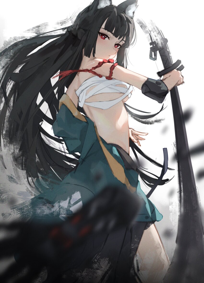 1girl absurdres animal_ears aqua_jacket bare_shoulders black_hair black_skirt blurry blurry_foreground breasts bright_pupils chest_sarashi closed_mouth eien_001 fox_ears fox_girl from_side highres holding holding_sword holding_weapon hoshimi_miyabi jacket jacket_partially_removed katana long_hair looking_at_viewer loose_bandages medium_breasts red_eyes sarashi skirt solo sword very_long_hair weapon white_pupils zenless_zone_zero