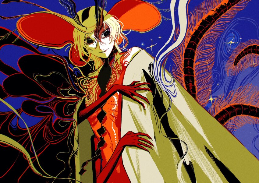 1girl antennae arthropod_girl black_eyes blonde_hair blue_background dress extra_arms hat highres insect_girl long_hair looking_at_viewer momomo_906 moth_antennae moth_girl original red_dress solo sun_hat upper_body
