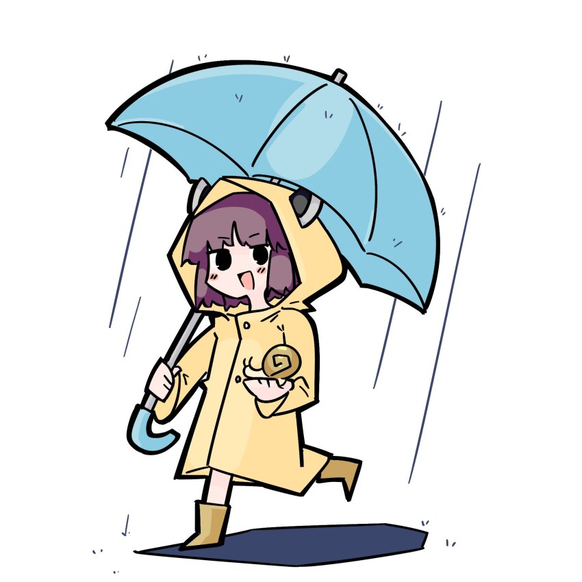 1girl :d adpx blunt_bangs boots brown_hair commentary_request happy headgear highres holding holding_umbrella knife light_blush long_sleeves open_mouth rain raincoat rubber_boots shadow short_hair simple_background smile snail solo touhoku_kiritan umbrella voiceroid white_background yellow_raincoat