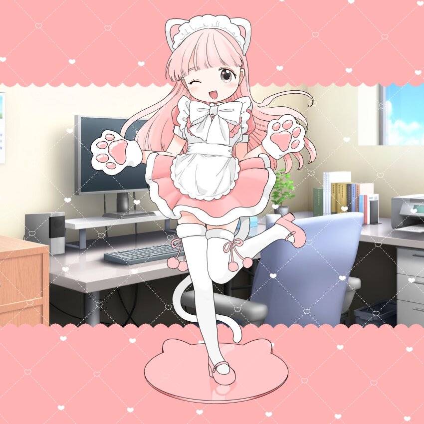 1girl 3d_background :d absurdres animal_ears animal_hands apron blunt_bangs blush bow bowtie cat_ears cat_girl cat_tail dot_nose dress figure figure_stand full_body gloves grey_eyes highres long_hair looking_at_viewer maid maid_apron maid_headdress mary_janes nagomurasan one_eye_closed open_mouth original paw_gloves pink_dress pink_hair pink_shoes puffy_short_sleeves puffy_sleeves shoes short_sleeves smile solo standing standing_on_one_leg swept_bangs tail thighhighs white_apron white_bow white_bowtie white_thighhighs