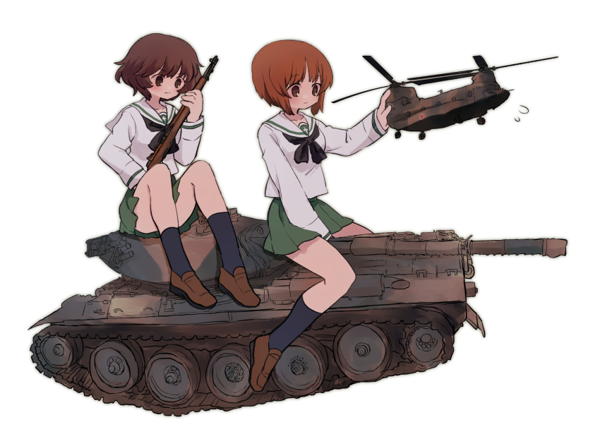 aircraft akiyama_yukari alt_text black_neckerchief black_socks blouse brown_eyes brown_footwear brown_hair ch-47_chinook chinook_(splatoon) closed_mouth commentary flying_sweatdrops girls_und_panzer green_skirt gun helicopter highres holding holding_gun holding_weapon loafers long_sleeves looking_to_the_side messy_hair military_vehicle miniskirt motor_vehicle neckerchief nishizumi_miho on_tank ooarai_school_uniform pleated_skirt ri_(qrcode) rifle sailor_collar school_uniform serafuku shirt shoes short_hair sitting skirt smile socks tank type_74_(tank) vehicle_request weapon white_sailor_collar white_shirt