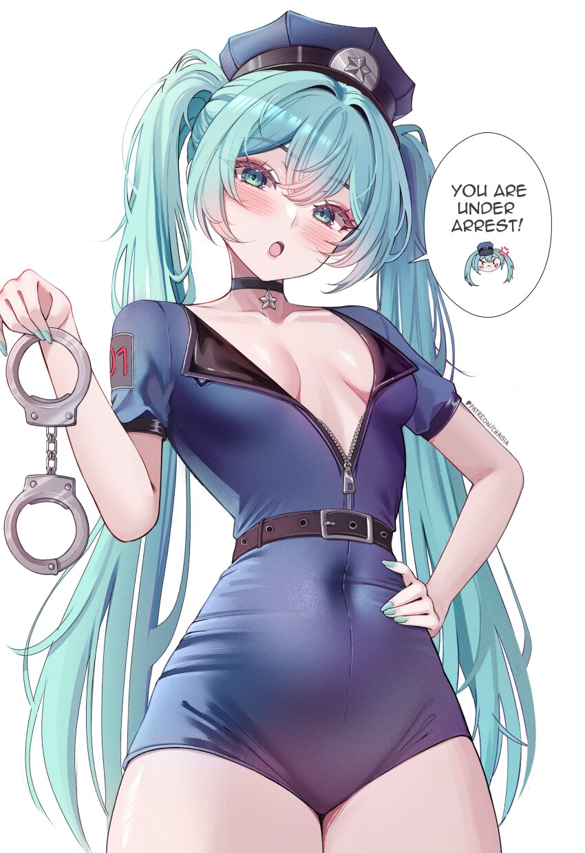 1girl :o absurdres aqua_eyes aqua_hair aqua_nails belt belt_buckle black_belt blue_jumpsuit blush breasts breasts_apart buckle chaisia_art collarbone covered_navel cowboy_shot cuffs double-parted_bangs eyelashes fingernails hair_intakes hand_on_own_hip handcuffs hat hatsune_miku head_tilt high_belt highres holding holding_handcuffs jumpsuit lapels long_hair looking_at_viewer number_print partially_unzipped peaked_cap pendant_choker police police_hat police_uniform policewoman short_jumpsuit short_sleeves simple_background small_breasts solo speech_bubble twintails vocaloid white_background