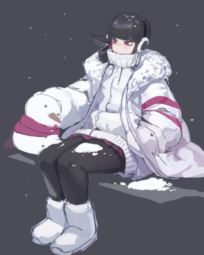 1girl absurdres black_hair black_pantyhose coat commentary earmuffs english_commentary fur-trimmed_coat fur_trim grey_background gya_rb hand_in_pocket highres hood hoodie long_sleeves medium_hair one_side_up original pantyhose pink_eyes pink_scarf pink_skirt pleated_skirt puffy_long_sleeves puffy_sleeves scarf simple_background sitting skirt snow snow_on_body snow_on_head snowing snowman solo turtleneck white_coat white_footwear white_hoodie winter_clothes winter_coat