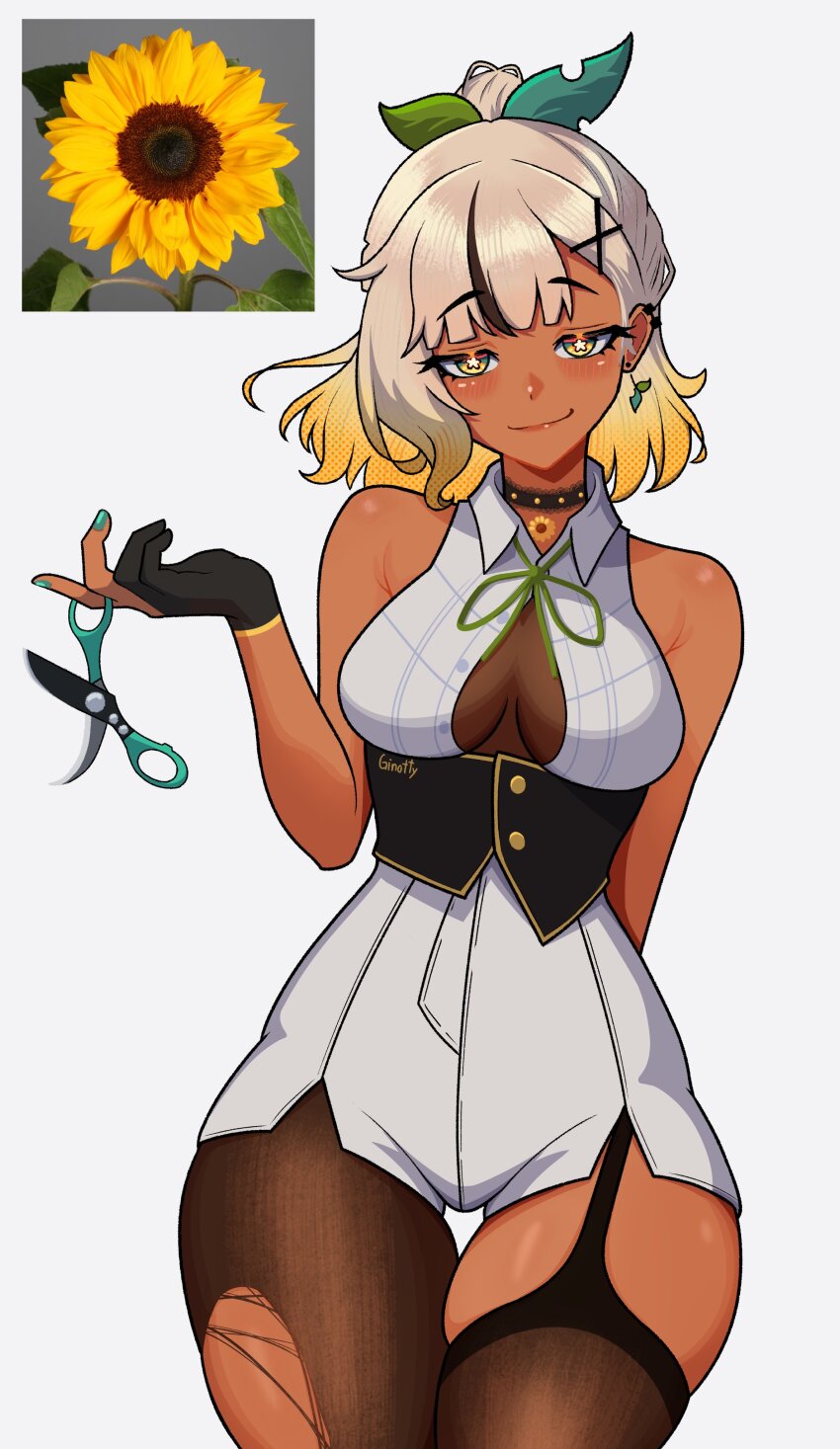 1girl absurdres artist_name asymmetrical_legwear bare_shoulders black_corset black_gloves blonde_hair breasts choker collared_shirt corset dark-skinned_female dark_skin flower-shaped_pupils flower_choker ginotty gloves green_eyes green_nails hair_ornament high-waist_shorts highres holding holding_scissors leaf_hair_ornament looking_at_viewer medium_breasts mira_(ginotty) mismatched_legwear multicolored_hair original pantyhose partially_fingerless_gloves partially_unbuttoned ponytail scissors shirt short_hair short_ponytail shorts sleeveless sleeveless_shirt smile symbol-shaped_pupils thick_thighs thigh_gap thighhighs thighs torn_clothes torn_pantyhose two-tone_hair white_shirt white_shorts x_hair_ornament yellow_eyes