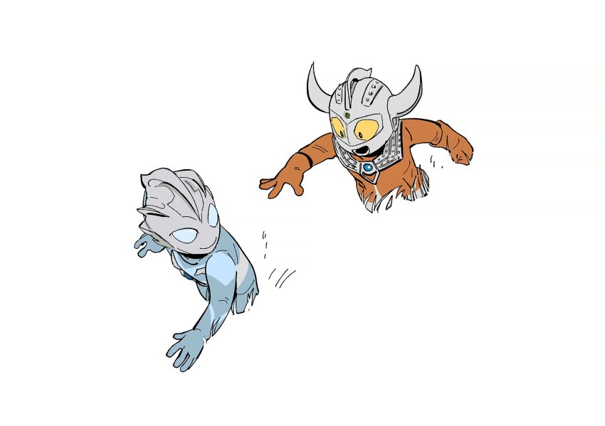 2boys :d aged_down alien armor blue_eyes blue_gemstone blue_skin child color_timer colored_skin commentary field following forehead_jewel gem gloves grass highres horns looking_at_another male_focus multicolored_skin multiple_boys open_mouth red_gloves red_skin silver_skin smile symbol-only_commentary tdfmaomao tokusatsu ultra_galaxy_(series) ultra_galaxy_fight:_the_absolute_conspiracy ultra_series ultraman_tarou ultraman_tregear ultraman_tregear_early_style walking white_background yellow_eyes