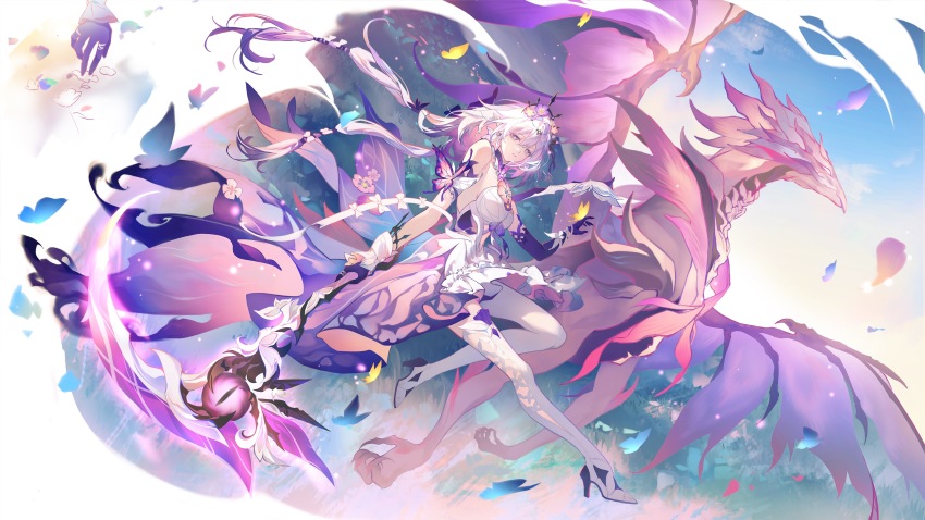 1girl absurdres asymmetrical_gloves black_tiara breasts bug butterfly butterfly_ornament castorice_(honkai:_star_rail) chinese_commentary commentary_request dragon dress flower gloves hair_flower hair_ornament high_heels highres holding holding_scythe honkai:_star_rail honkai_(series) insect long_hair pollux_(honkai:_star_rail) pointy_ears purple_butterfly purple_eyes purple_flower purple_gloves purple_hair sakirs_mingan scythe tiara uneven_gloves white_dress