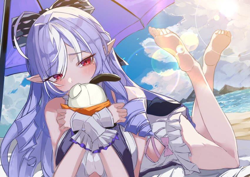 1girl absurdres backless_swimsuit bangboo_(zenless_zone_zero) bare_shoulders barefoot beach black_bow blue_sky blush bow breasts clothing_cutout cloud covered_mouth drill_hair eous_(zenless_zone_zero) frilled_one-piece_swimsuit frilled_wrist_cuffs frills hair_bow highres holding holding_stuffed_toy looking_at_viewer lying mole mole_under_eye official_alternate_costume on_stomach one-piece_swimsuit pink_bow pointy_ears purple_bow purple_hair purple_umbrella red_eyes sand sas_(ls08b) sideboob_cutout sky solo stuffed_toy swimsuit umbrella vivian_banshee vivian_banshee_(iris_of_the_shore) water wrist_cuffs zenless_zone_zero