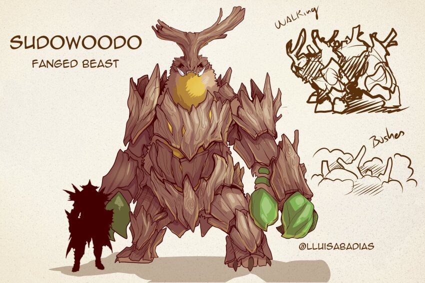 absurdres claws gen_2_pokemon grey_background highres horns lluisabadias monster_hunter_(series) nintendo pokemon pokemon_(creature) single_horn size_comparison standing sudowoodo
