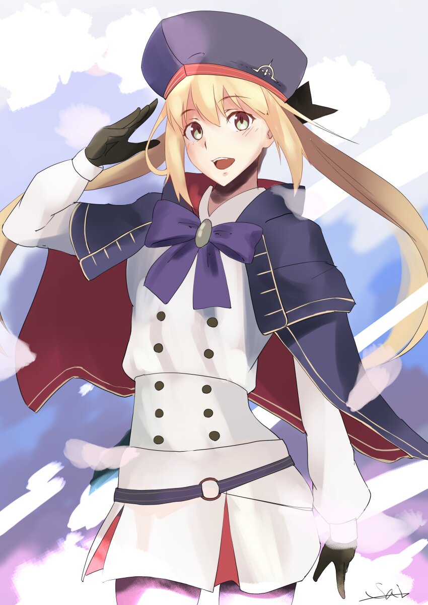 1girl absurdres artoria_caster_(fate) artoria_caster_(second_ascension)_(fate) artoria_pendragon_(fate) belt beret black_gloves black_pantyhose blonde_hair blue_cape blue_hat blush breasts buttons cape double-breasted dress fate/grand_order fate_(series) gloves green_eyes hat highres hood hooded_cape long_hair long_sleeves looking_at_viewer multicolored_cape open_mouth pantyhose red_cape s4ika small_breasts smile solo thighs twintails white_dress