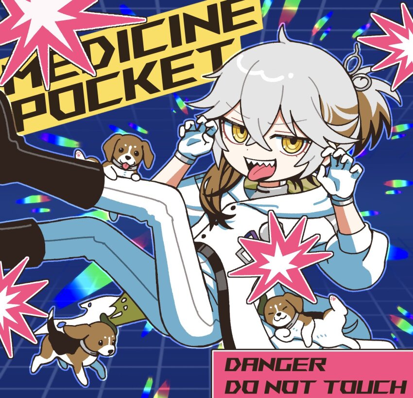 1other beagle black_boots blue_background boots brown_hair character_name claw_pose coat colored_tips dog english_text feet_out_of_frame feet_up gloves hands_up highres knee_boots long_sleeves medicine_pocket medium_hair multicolored_hair open_mouth panri pants ponytail puffy_long_sleeves puffy_sleeves reverse:1999 sharp_teeth short_ponytail solo teeth tongue tongue_out white_coat white_gloves white_hair white_pants yellow_eyes