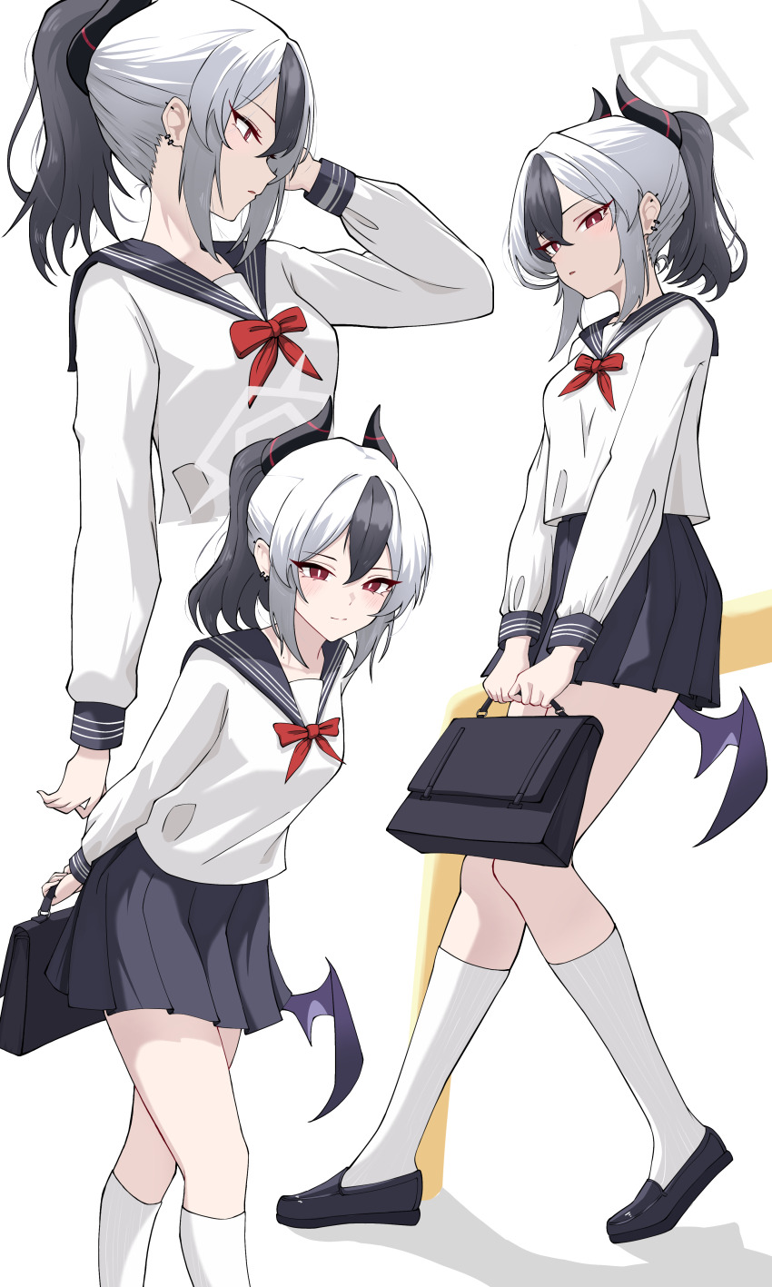1girl absurdres alternate_costume black_hair black_sailor_collar black_shoes black_skirt blue_archive blush bow closed_mouth demon_girl demon_horns demon_wings hair_between_eyes highres hikkio horns kayoko_(blue_archive) kneehighs long_hair multicolored_hair ponytail red_bow red_eyes sailor_collar school_uniform shirt shoes sidelocks single_wing skirt smile socks solo two-tone_hair white_hair white_shirt white_socks wings
