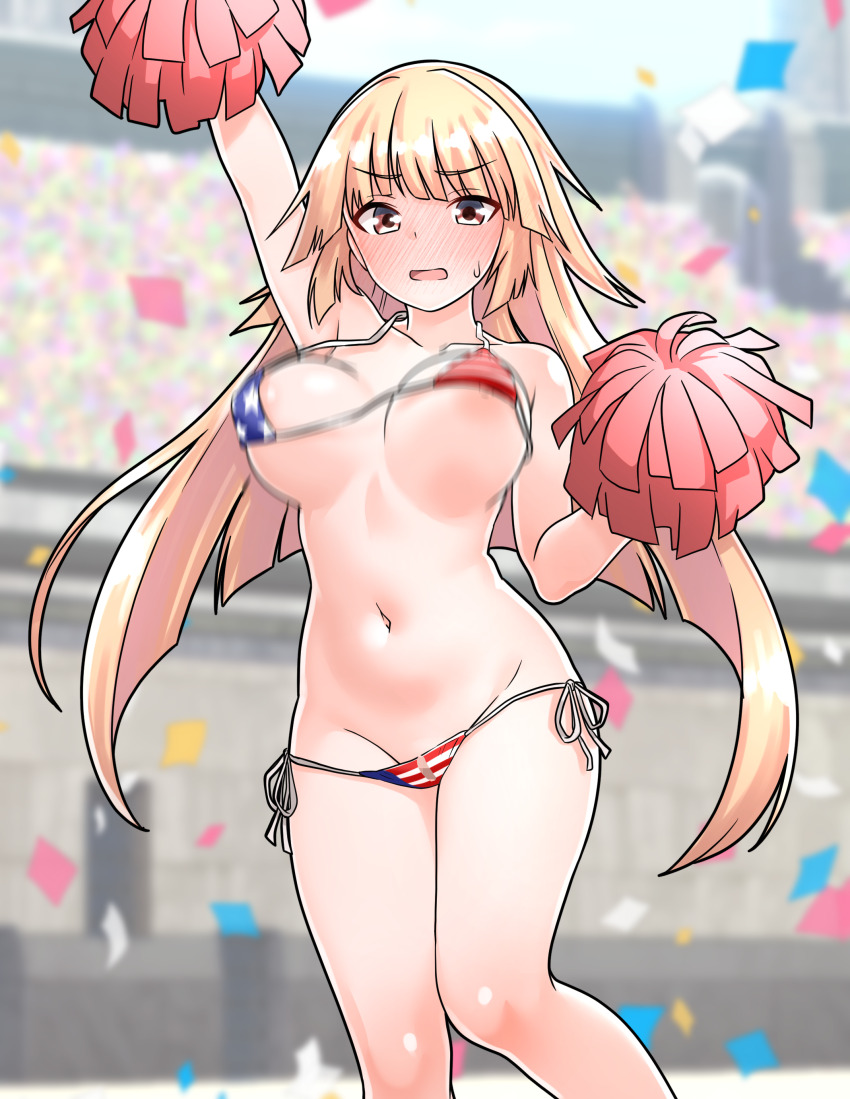 1girl absurdres american_flag american_flag_bikini american_flag_print areola_slip bikini blonde_hair blush breasts brooklyn_(kancolle) cheerleader commentary_request confetti flag_print flag_print_bikini furaggu_(frag_0416) highres holding holding_pom_poms kantai_collection kneehighs knees large_breasts long_hair looking_at_viewer navel open_mouth pom_pom_(cheerleading) pom_poms print_bikini side-tie_bikini_bottom socks solo standing stomach swimsuit thighs tongue underboob variant_set very_long_hair white_socks