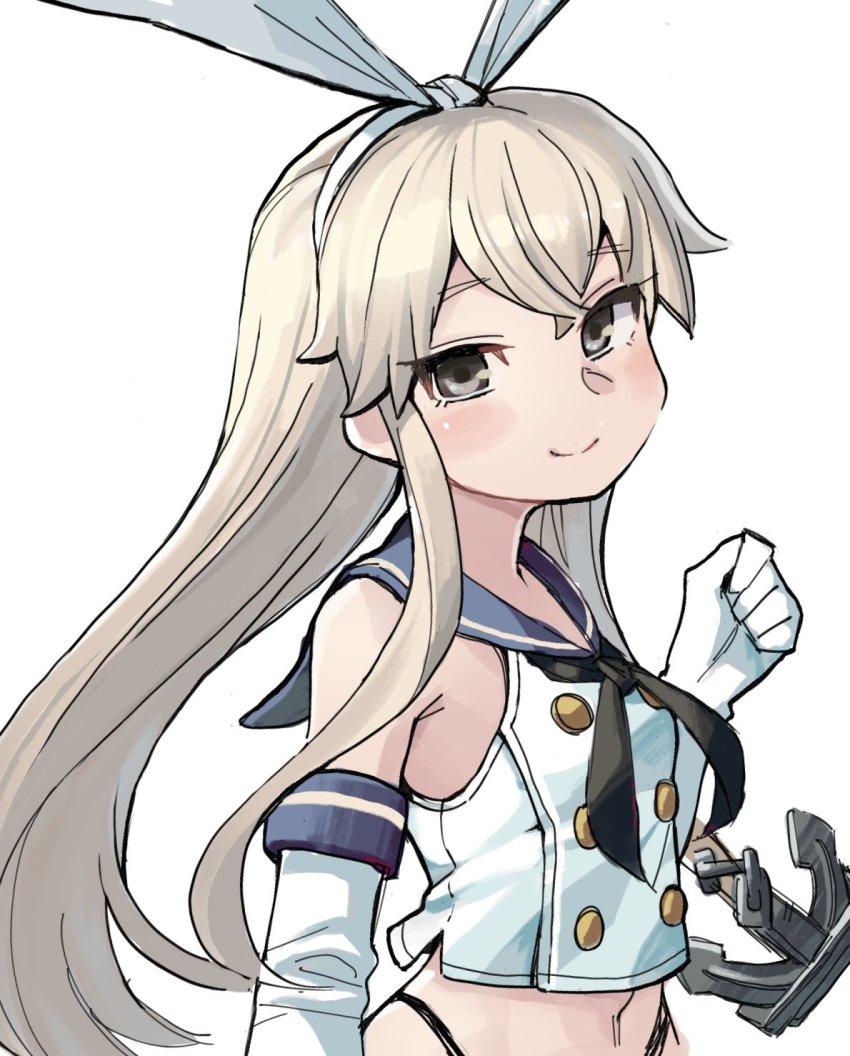 1girl anchor_hair_ornament black_neckerchief blonde_hair blue_sailor_collar blush breasts brown_eyes clenched_hand commentary_request crop_top elbow_gloves gloves hair_ornament hairband highres kantai_collection long_hair looking_at_viewer midriff mizoki_kei neckerchief sailor_collar school_uniform serafuku shimakaze_(kancolle) sidelocks simple_background small_breasts smile solo white_background white_gloves white_hairband