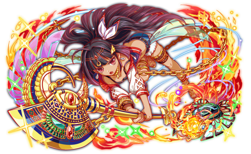 1girl ahoge animal_ornament ankh artist_request axe belted_shorts black_hair black_shorts blue_jacket blue_shorts blunt_bangs blunt_ends breasts cel_shading chain circlet cleavage cleopatra_(crash_fever) crash_fever cropped_shirt cross-laced_clothes cross-laced_sleeves dark-skinned_female dark_skin denim denim_shorts earrings eyelashes fang fingernails fire full-length_zipper full_body game_cg gold_chain gold_circlet gold_necklace hair_intakes hair_ribbon half_updo high_ponytail holding holding_axe horizontal-striped_collar horizontal-striped_sleeve_cuffs jacket jewelry leg_up light_particles long_hair medium_hair midriff multi_strapped_footwear navel necklace official_art outline oversized_object ponytail print_jacket print_shirt red_eyes red_footwear red_outline red_sleeve_cuffs ribbon shirt shoe_soles short_shorts shorts side_ponytail sleeve_cuffs solo sparkle striped_collar striped_sleeve_cuffs tachi-e thigh_strap third-party_source toenails toes tongue transparent_background very_long_hair white_ribbon white_sleeves zipper