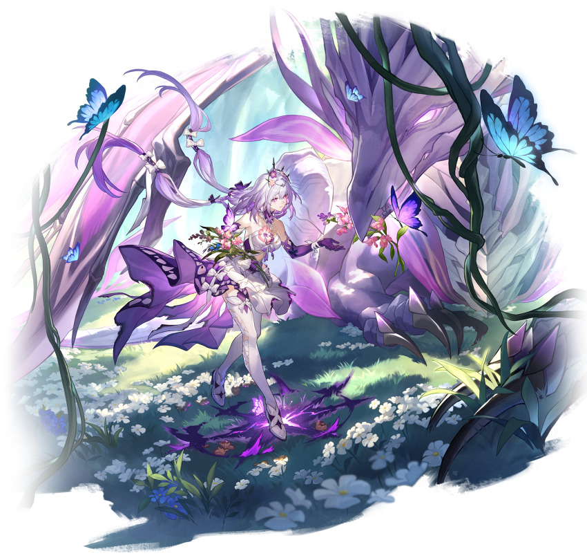 1girl 1other bare_shoulders bow breasts bug butterfly castorice_(honkai:_star_rail) clothing_cutout dragon dress flower full_body game_cg gloves grass highres honkai:_star_rail honkai_(series) insect long_hair low_twintails medium_breasts pollux_(honkai:_star_rail) non-web_source official_art purple_eyes purple_gloves purple_hair shoes short_dress thighhighs transparent_background twintails very_long_hair white_bow white_dress white_shoes white_thighhighs