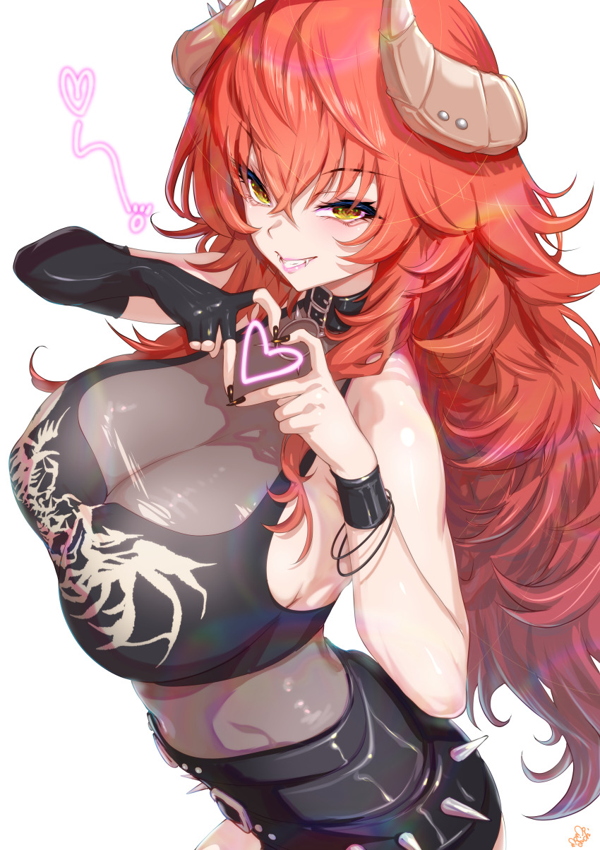 1girl absurdres belt belt_collar black_belt black_collar black_gloves black_nails black_shirt black_skirt blush breasts cleavage closed_mouth collar dragon_girl dragon_horns fangs fingerless_gloves gloves heart heart_hands highres horns large_breasts long_hair looking_at_viewer momoyama_tits nail_polish red_hair shirt single_glove skirt spiked_belt very_long_hair virtual_youtuber vshojo white_background yellow_eyes zentreya zentreya_(dragon) zentreya_(dragon)_(metalheads)