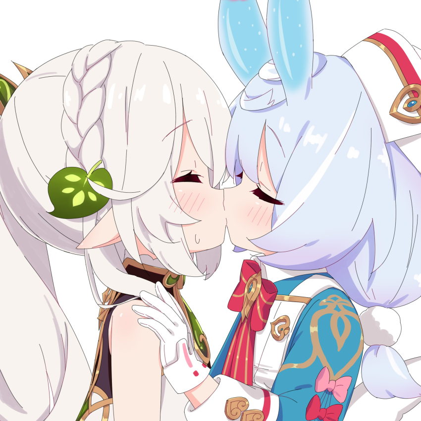 2girls absurdres azbchan1221 blue_hair bow bowtie braid commentary crown_braid from_side genshin_impact gloves glowing_horns grey_hair hair_ornament highres horns kiss kodomo_doushi leaf_hair_ornament long_hair long_sleeves multiple_girls nahida_(genshin_impact) pointy_ears ponytail red_bow red_bowtie short_ponytail sigewinne_(genshin_impact) simple_background sleeveless upper_body white_background white_gloves yuri