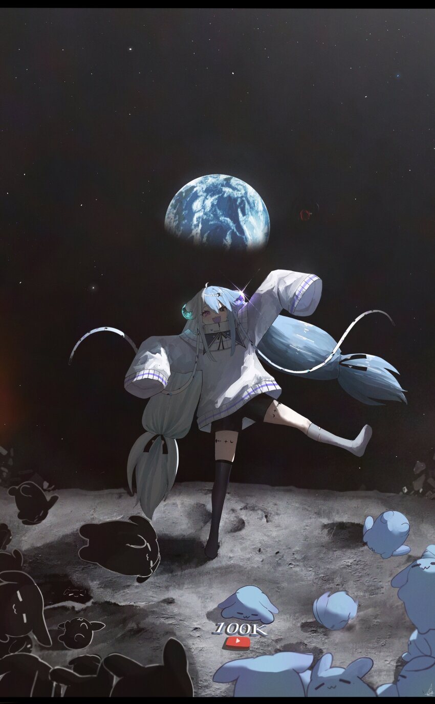 1girl :d absurdres ahoge aquwa arm_up black_eyes black_ribbon black_shorts black_thighhighs blue_hair commentary earth_(planet) fang glint hair_between_eyes hair_ornament hair_ribbon hands_up heterochromia highres indie_virtual_youtuber kneehighs kyatto-mikazu letterboxed long_hair long_sidelocks long_sleeves looking_at_viewer milestone_celebration multicolored_hair neck_ribbon no_shoes on_moon open_mouth orb outstretched_arms oversized_clothes planet purple_eyes ribbon sharp_teeth shorts sidelocks single_kneehigh single_sock single_thighhigh skin_fang sleeves_past_fingers sleeves_past_wrists smile socks space standing standing_on_one_leg star_(sky) sweater teeth thighhighs two-tone_hair upper_teeth_only very_long_hair virtual_youtuber white_hair white_socks white_sweater wide_sleeves youtube_logo