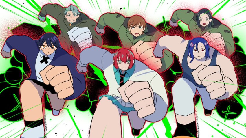 3boys 3girls amate_yuzuriha annoyed challia_bull clenched_hands comoli_harcourt gundam gundam_gquuuuuux jitome meme multiple_boys multiple_girls necktie nyaan_(gundam_gquuuuuux) parody purple_hair red_eyes running running_ganger_(meme) short_hair shuji_ito skirt tank_top xavier_olivette yakuoyoso