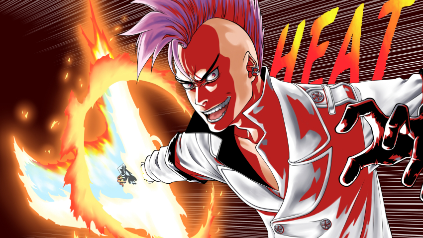 1boy bazz-b black_gloves bleach bleach:_sennen_kessen-hen bleachist buttons collarbone commentary crazy_eyes crazy_smile double-breasted ear_piercing english_text fire flaming_sword flaming_weapon foreshortening gloves highres incoming_attack jacket kubo_tite_(style) long_sleeves looking_at_viewer male_focus mohawk motion_lines nose official_style open_mouth outstretched_arm piercing pink_hair pyrokinesis quincy_(bleach) red_eyes simple_background smile solo teeth upper_body v-shaped_eyebrows wandenreich white_jacket wide-eyed
