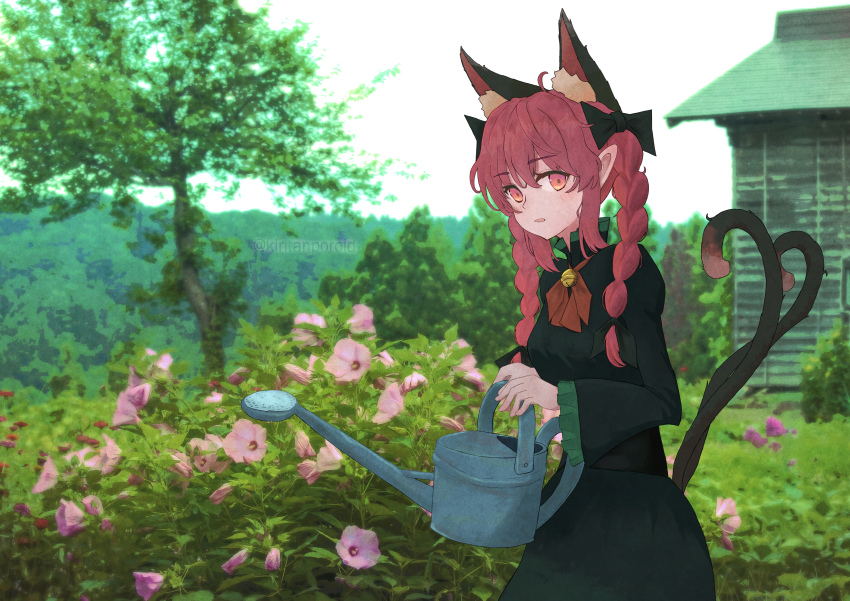 1girl absurdres animal_ear_fluff animal_ears black_bow black_dress black_hair bow bowtie cat_ears cat_girl cat_tail commentary dress extra_ears hair_bow highres holding holding_watering_can juliet_sleeves kaenbyou_rin kiritanpo117 long_sleeves looking_at_viewer multiple_tails open_mouth outdoors photo_background pointy_ears puffy_sleeves red_bow red_bowtie red_eyes red_hair scenery solo tail touhou tree two_tails watering_can