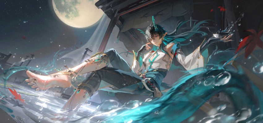 1boy absurdres aqua_eyes aqua_hair aqua_horns aqua_sash architecture black_gloves black_hair boots chinese_clothes chinese_commentary closed_mouth clothing_cutout commentary_request cup dan_heng_(honkai:_star_rail) dan_heng_(imbibitor_lunae)_(honkai:_star_rail) detached_sleeves dragon_boy dragon_horns dragon_tail earrings east_asian_architecture eastern_dragon_horns eyeliner fingerless_gloves floating_hair full_moon gloves gold_earrings gold_trim green_pants hair_between_eyes hand_up highres holding holding_cup honkai:_star_rail honkai_(series) horns jewelry knee_boots long_hair long_sleeves makeup male_focus moon multicolored_hair night night_sky pants pointy_ears red_eyeliner sash shirt sky soaking_feet solo tail water water_dragon white_shirt white_sleeves wide_sleeves yunmaojan